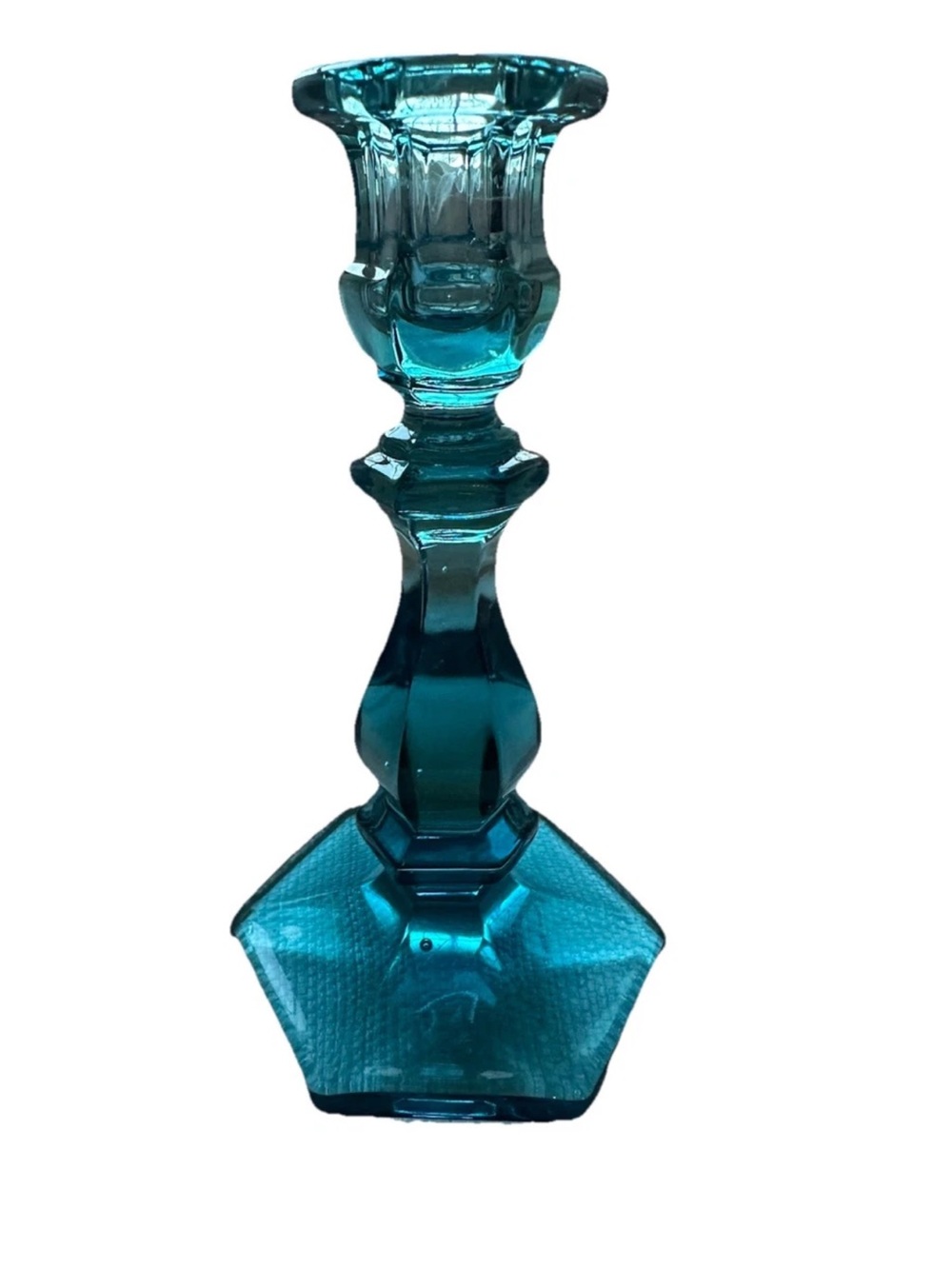 Vintage Mosser Glass Aqua Candlestick Candle Holder 7.5 Inches Tall Blue Green